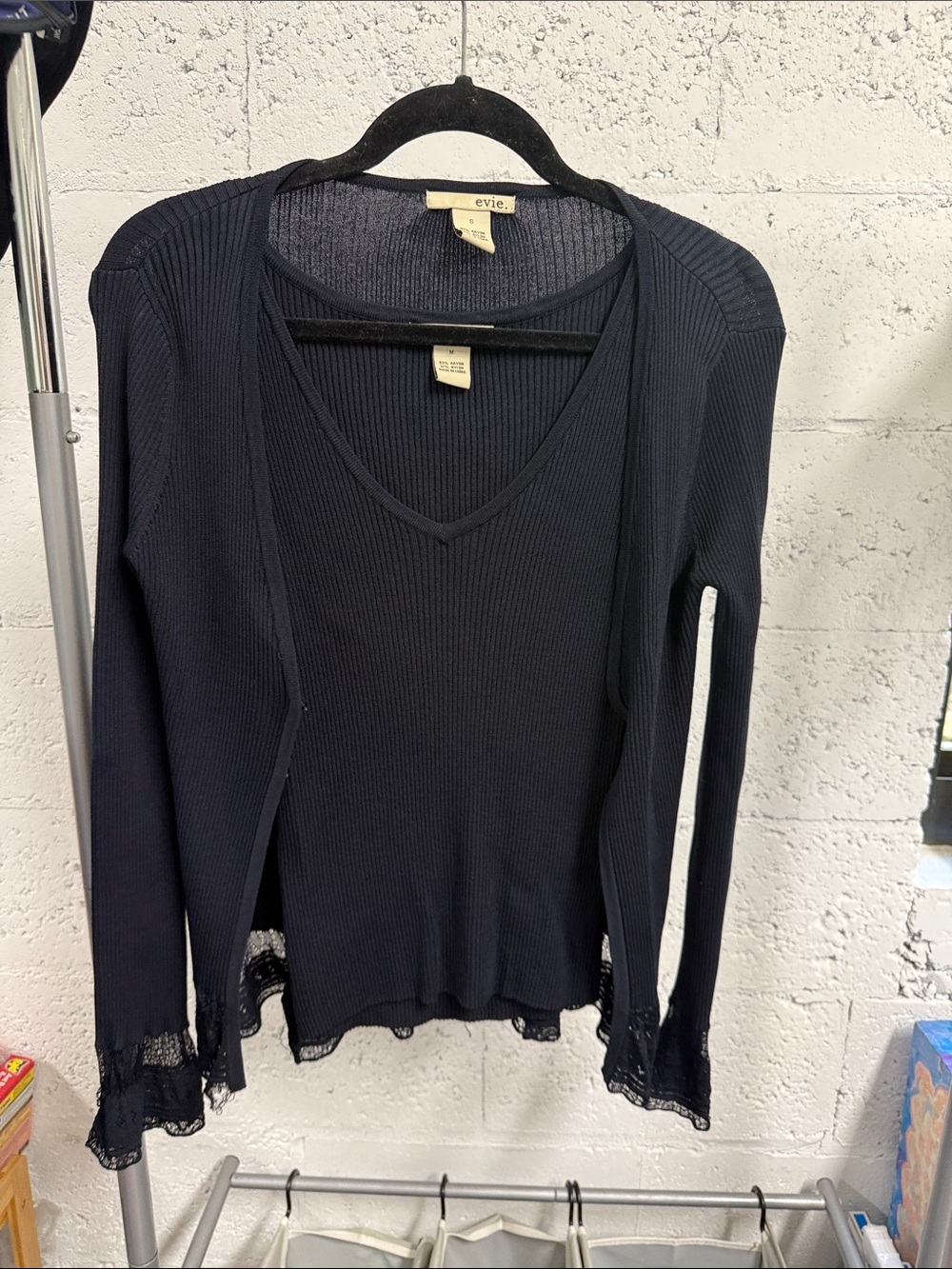 EVIE Black Ribbed V-Neck Long Sleeve Cardigan (Small) & Sleeveless Top (Medium(